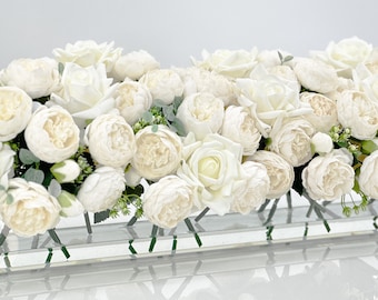 White Modern Long Rose and Peony Arrangement Artificial Faux Centerpiece Floral Flower Arrangement Silk Flowers French Wedding Decor