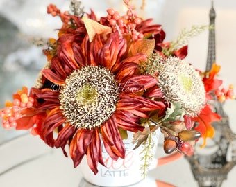 Composizione Di Girasoli Artificiali Su Pietra - Centrotavola Autunnale Per Decorazione Casa - Foto 7