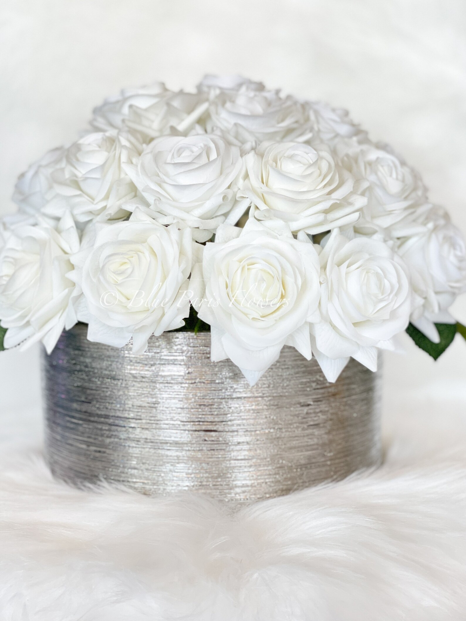 40 Real Touch White Roses Arrangement in Silver Vase French Etsy