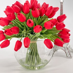 May include: A bouquet of red tulips arranged in a clear glass vase. The tulips are tied together with a brown ribbon. The vase is sitting on a white surface. A silver Eiffel Tower figurine is in the background.