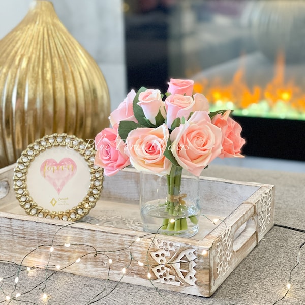 Faux Silk Rose Arrangement: Light Pink & Peach Floral Centerpiece