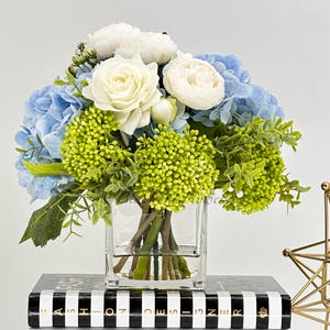 Peony Hydrangea Arrangement: Faux Floral Centerpiece in Glass Vase