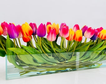 Real Touch Tulip Arrangement: Modern Floral Centerpiece in Glass Vase
