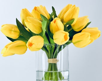 Faux Yellow Tulip Arrangement: Modern Floral Centerpiece in Glass Vase
