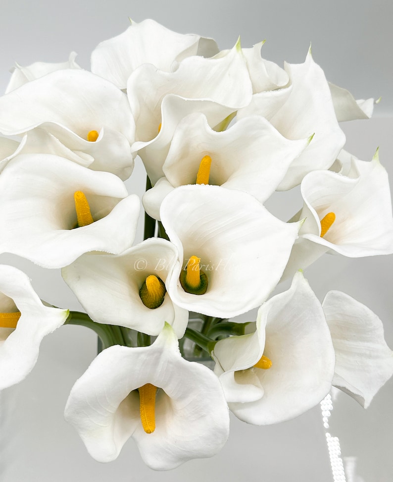 May include: A bouquet of white calla lilies with yellow centers. The flowers are arranged in a vase and are in focus. The background is a light gray.