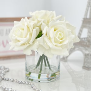 Real Touch White Roses Arrangement in Vase, French Country Artificial Flowers Faux Floral Home Decor Realistic Floral Arrangement Blue Paris
