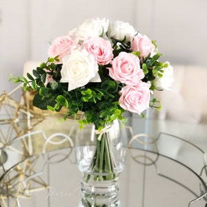 Real Touch White and Pink Rose | Greenery Artificial Faux Arrangement, Floral Centerpiece, Home Decor