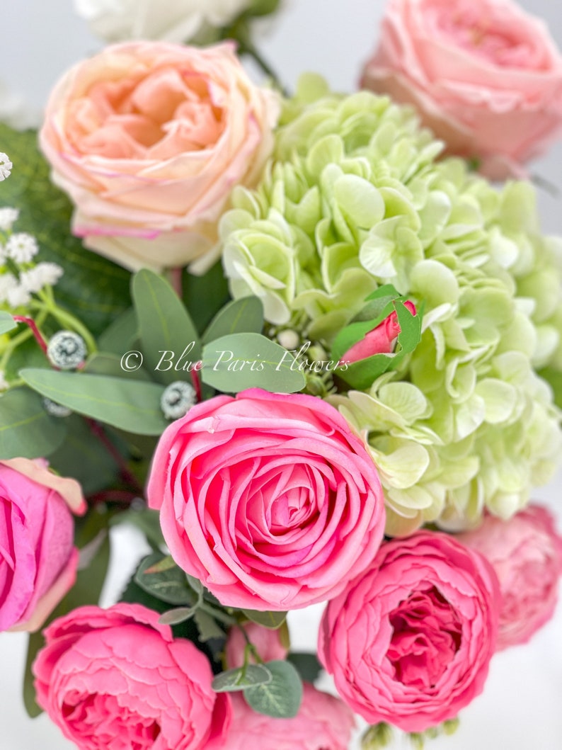 Faux Flower Arrangement, Peonies, Roses, Greens in Vase, Floral Decor Real Touch Centerpiece, Faux Artificial Flowers Silk Arrangement Pink image 2