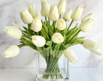 Ivory Tulips Arrangement: Modern Faux Floral Centerpiece in Glass Vase