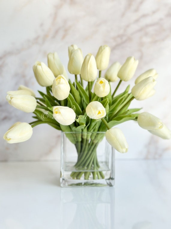 Ivory Tulips Arrangement: Modern Faux Floral Centerpiece in Glass Vase
