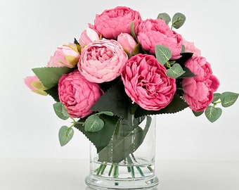 Pink Rose Peony Silk Flower Arrangement in Glass Vase