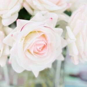 May include: A bouquet of white roses with pink centers. The roses are arranged in a clear glass vase. The background is blurred.
