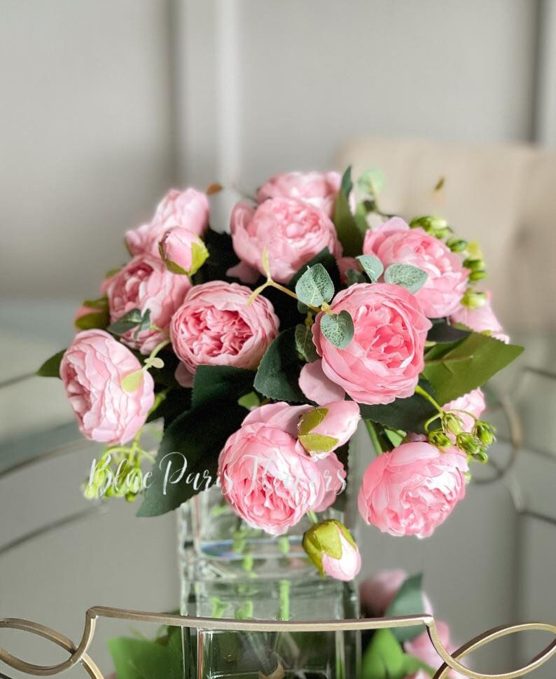 Pink Rose Peony Arrangement: Faux Silk Flowers in Glass Vase - Etsy