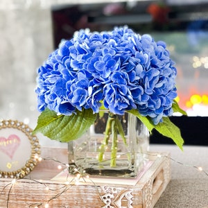 Deep Blue REAL TOUCH Hydrangeas in Vase Artificial Faux Flower Arrangement French Floral Centerpiece Flower Faux Flower in Vase Home Decor