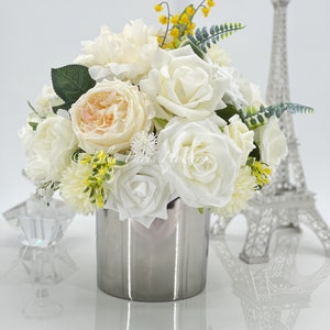 Floral Arrangement, White Ranunculus, Roses, Peonies, Silk Artificial Flower Centerpiece, Faux Silk Arrangement Glass Vase, Flower