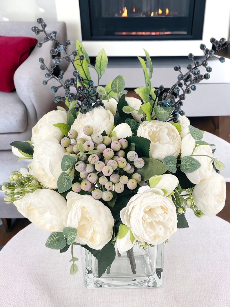 White Peonies/Berries/Blueberries Arrangement, Artificial Faux Centerpiece Faux FloralSilk Flowers in Glass Vase for Home Decor Blue Paris zdjęcie 5