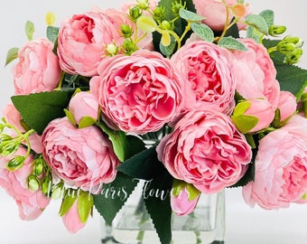 Pink Rose Peony Arrangement, Artificial Faux Centerpiece, Silk Flowers in Glass Vase for Home Decor