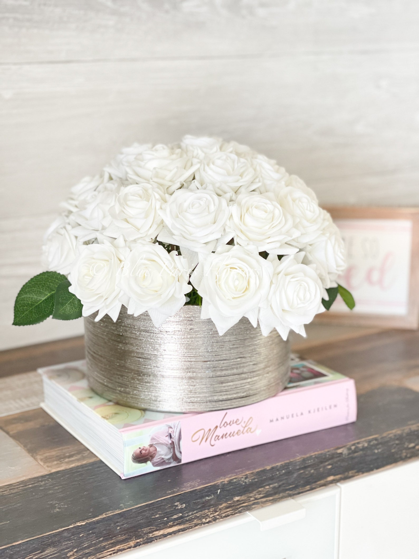 40 Real Touch White Roses Arrangement in Silver Vase French Etsy