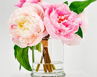 Pink Peony Silk Flower Arrangement: Faux Floral Centerpiece in Glass Vase
