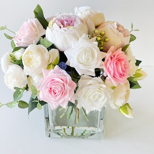 Light Pink & White Roses Peonies, Real Touch, Silk Flowers Blush Peonies, Faux Flower Arrangement Table Centerpiece French Country Floral