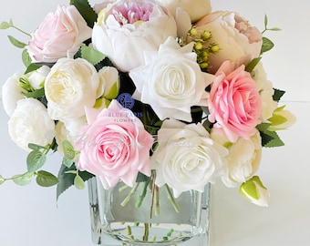 Pivoines rose clair et roses blanches, touche réelle, fleurs de soie pivoines blush, fausse fleur arrangement table pièce maîtresse Français Country Floral