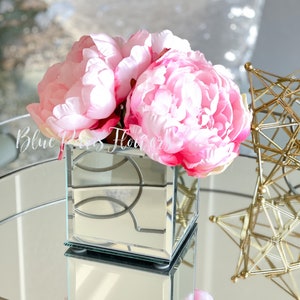Pink Peonies, Centerpiece, Faux Flower Arrangement | French Country | Arrangement in Mirror Glass Vase | Modern Style