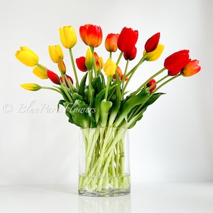 Real Touch Tulip Arrangement: Multicolor Faux Flowers in Glass Vase