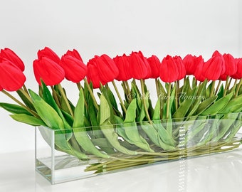 Red Real Touch Tulip Arrangement: Modern Floral Centerpiece in Glass Vase