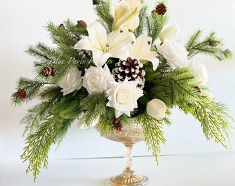 Winter White Rose & Lily Faux Floral Centerpiece in Gold Vase