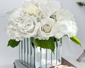 Premium Real Touch White Roses, Hydrangeas, Calla Lilies, Carnation Faux Flower Arrangement, Centerpiece French Style Floral Home Decor Gift