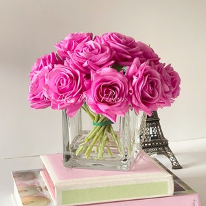 Real-Touch Magenta Roses Arrangement: French Country Faux Floral Decor