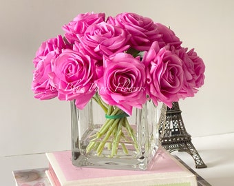 Real-Touch Magenta Roses Arrangement in Vase, French Country Artificial Flower Faux Floral Home Decor Realistic Floral Realistic Arrangement