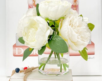 White Peonies Arrangement: Faux Floral Centerpiece in Glass Vase