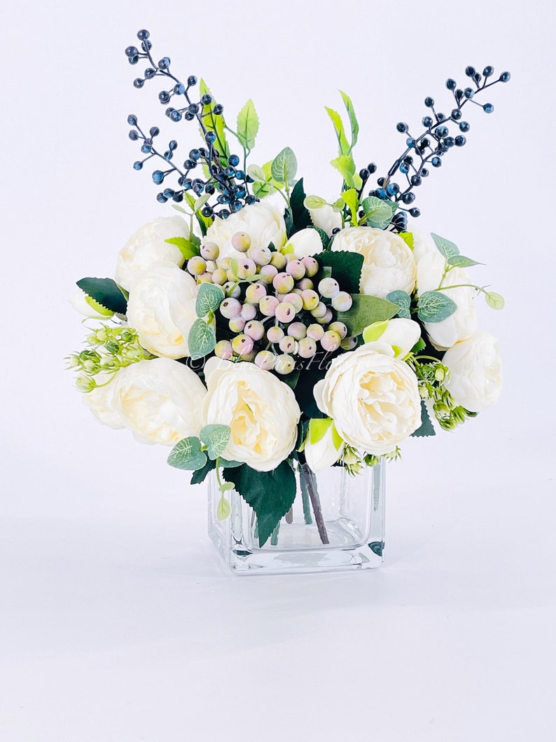 White Peonies/Berries/Blueberries Arrangement, Artificial Faux Centerpiece Faux FloralSilk Flowers in Glass Vase for Home Decor Blue Paris zdjęcie 7