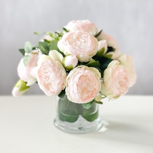 Baby Pink Rose Peony Arrangement, Artificial Faux Centerpiece, Faux Florals, Silk Flowers in Glass Vase by Blue Paris