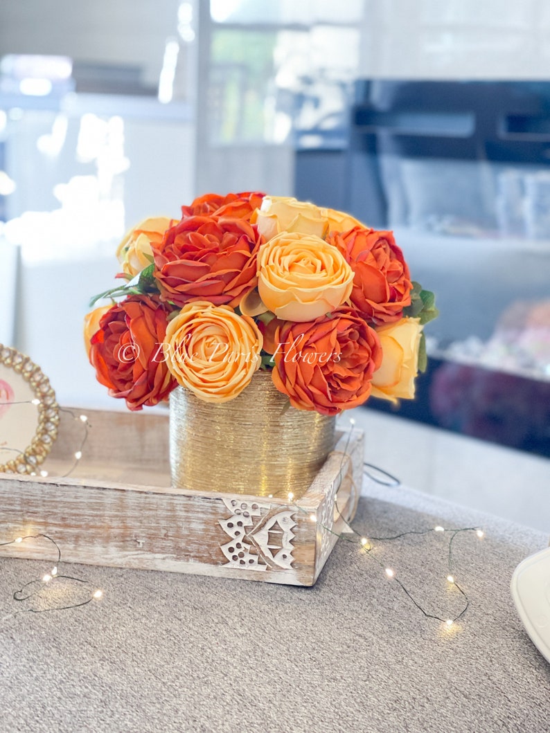 Austin Roses in Gold Vase Floral Decor Centerpiece Faux Etsy