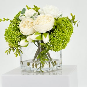 White Peonies and Green/White Real Touch Rose, Berries, Arrangement Artificial Faux Centerpiece, French Floral Flowers in Vase Home Decor image 9