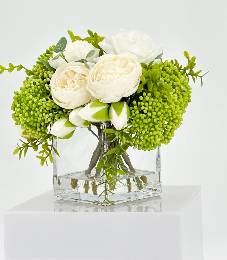 White Peonies and Green/White Real Touch Rose, Berries, Arrangement Artificial Faux Centerpiece, French Floral Flowers in Vase Home Decor image 9