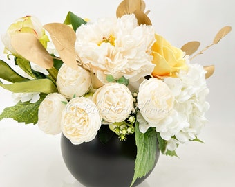 Hydrangea Peony Floral Arrangement: Silk Flowers in Black Vase