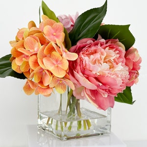 Pink Peonies and Pink/Peach Real Touch Hydrangeas Arrangement Artificial Faux Centerpiece, Soft Touch Floral Flowers in Vase Home Decor