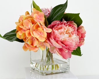 Pink Peonies and Pink/Peach Real Touch Hydrangeas Arrangement Artificial Faux Centerpiece, Soft Touch Floral Flowers in Vase Home Decor
