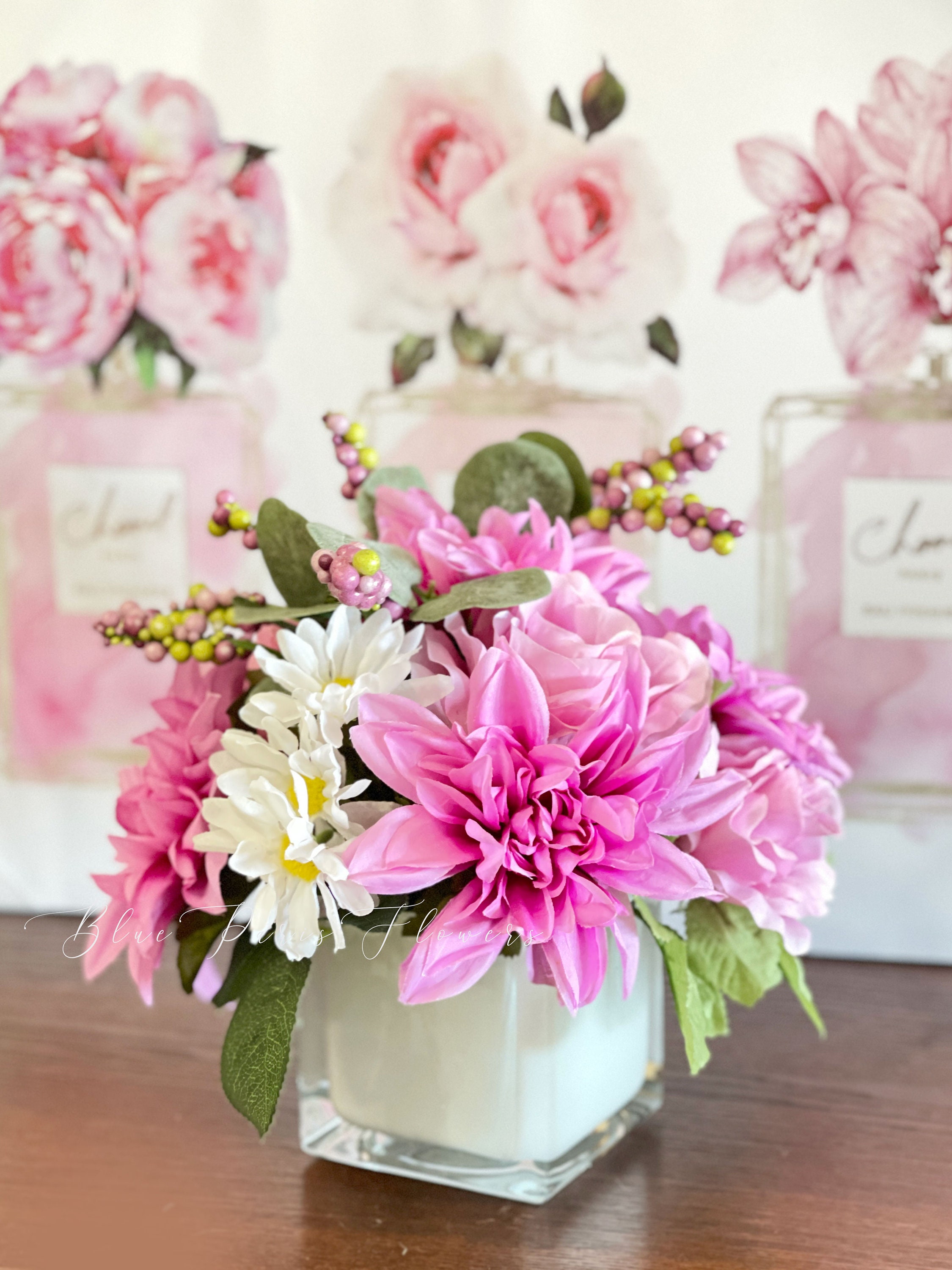 Dahlia Roses Daisies Arrangement Faux Flowers in Vase Etsy