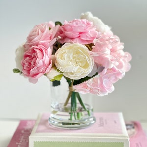 Faux Flower Arrangement, Peonies, Roses, Hydrangeas in Vase, Floral Decor Silk/Real Touch Centerpiece, Faux Artificial Flowers Pink Wedding