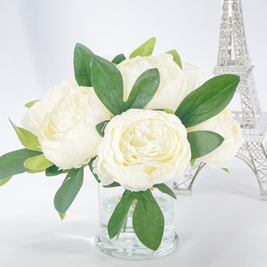 White Peony Arrangement, Artificial Faux Table Centerpiece, Wedding Faux Florals, Rose Silk Flowers Arrangement in Glass Vase by Blue Paris image 9