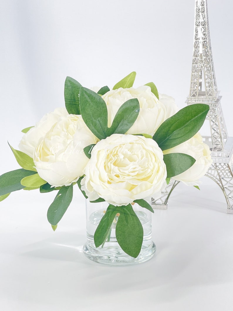 White Peony Arrangement, Artificial Faux Table Centerpiece, Wedding Faux Florals, Rose Silk Flowers Arrangement in Glass Vase by Blue Paris image 9
