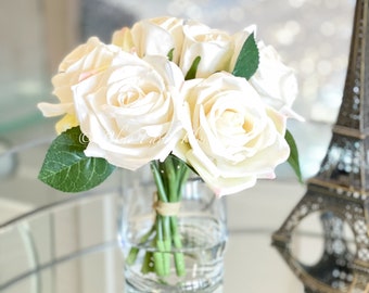 White and Cream Rose Arrangement Artificial Faux Silk Flowers in Glass Vase, French Decor, Floral Centerpiece, Valentine’s Day Gift