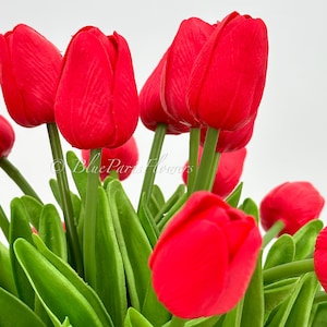 May include: A bouquet of red artificial tulips with green stems and leaves. The tulips are arranged in a cluster, with the blooms facing outward.