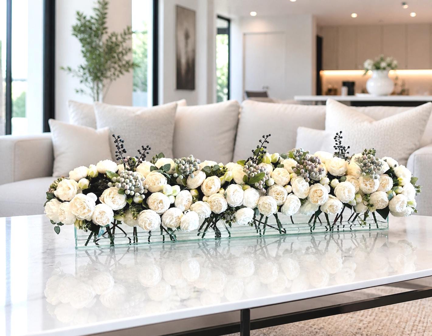 White Rose Peony Arrangement: Modern Faux Floral