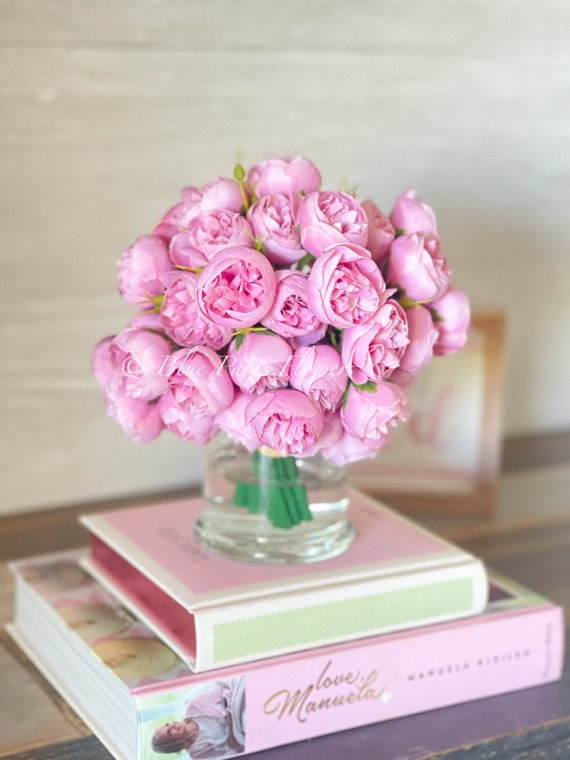 Pink 54 Smaller Head Peonies, Centerpiece, Faux Flower Arrangement French  Country Arrangement in Clear Glass Vase Modern Style 