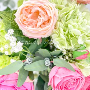 Faux Flower Arrangement, Peonies, Roses, Greens in Vase, Floral Decor Real Touch Centerpiece, Faux Artificial Flowers Silk Arrangement Pink image 5